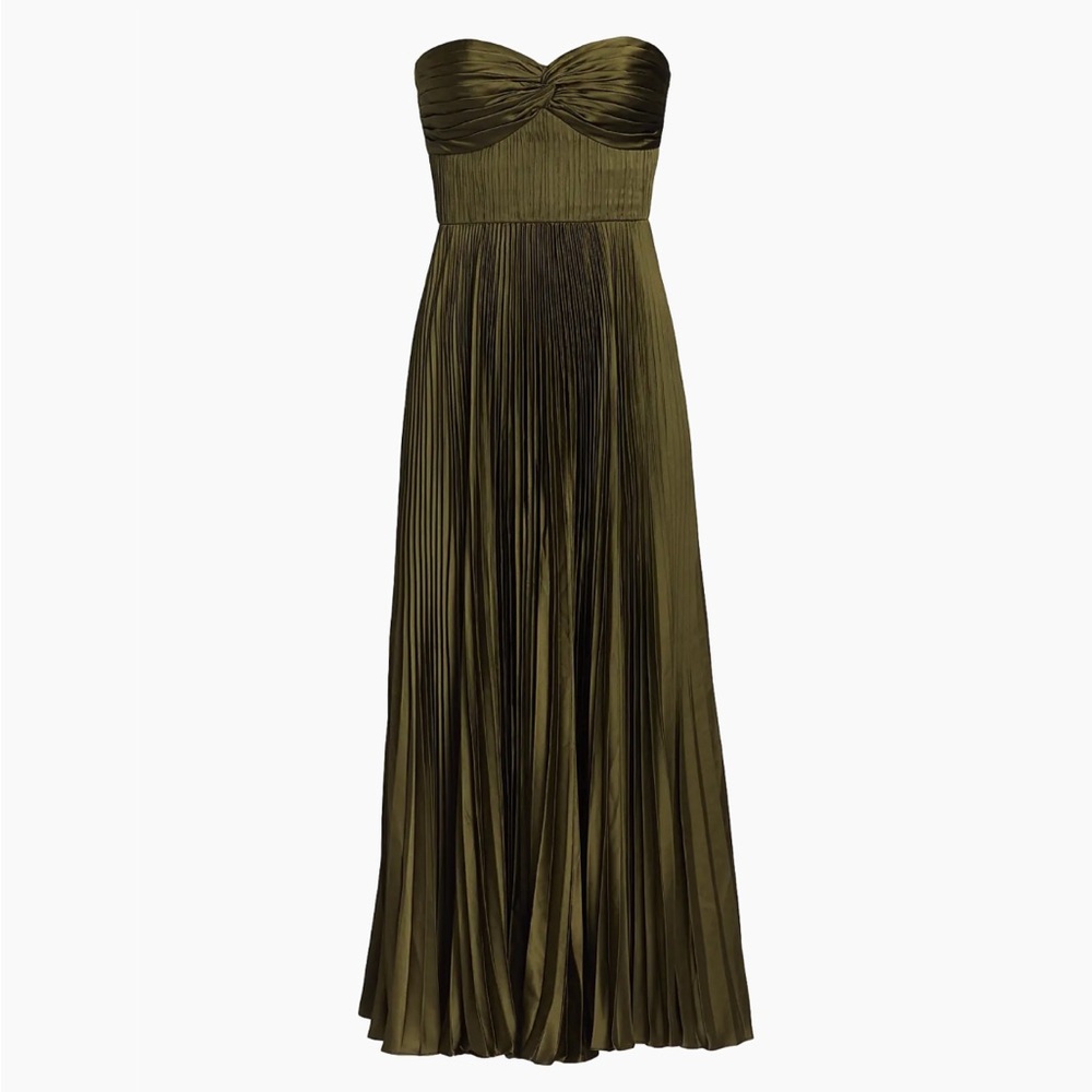 AMUR Strapless Pleated Dress in Olive